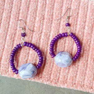 Handmade Round Circle Purple Stone Beaded Dangle Drop Earrings